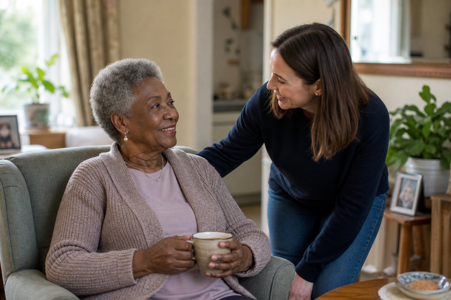 A carer pouring tea for an older man in a warm kitchen
